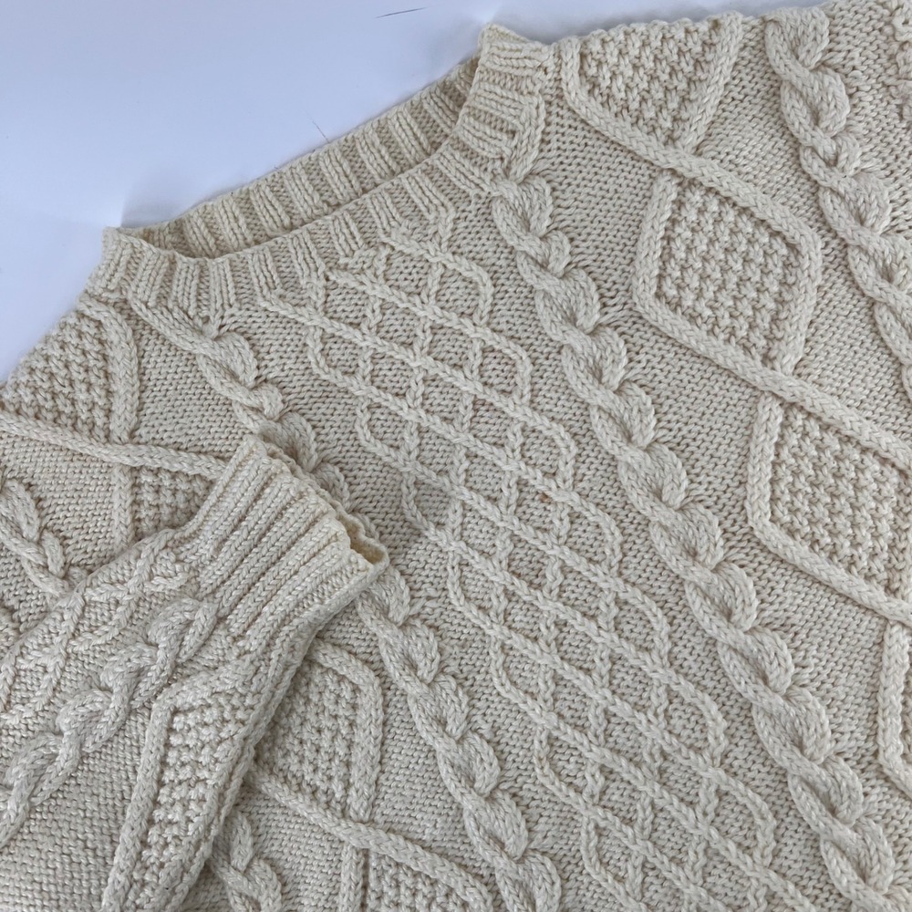 Vintage Cream Cable Knit Fisherman Sweater Mens Large Wool Blend Crew Neck Cream
